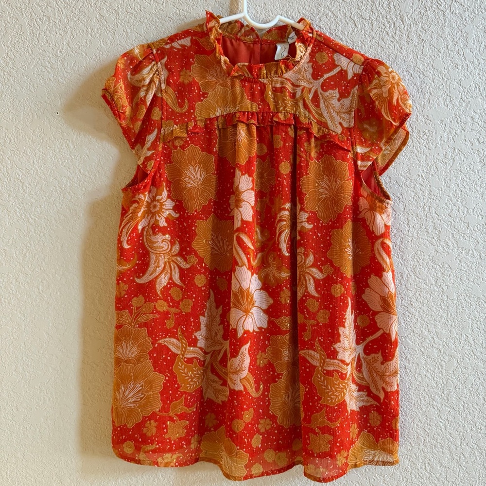 Joie Women’s Size Large Orange Floral Ruffle Short Sleeve Blouse Tropical Resort
